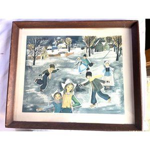 1960’s Lithograph Printed in Spain Holland Children Skating Winter Scene